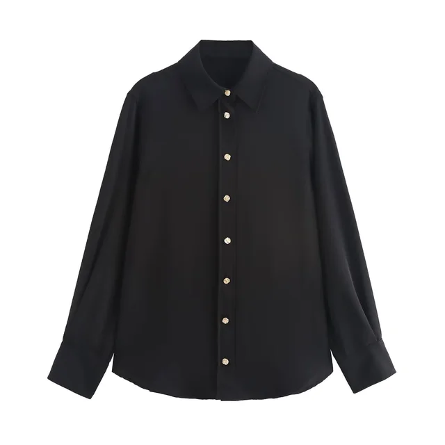 French Style Gold Button Tassel Long Sleeve Lapel Shirt Black - Shop at LoveMi