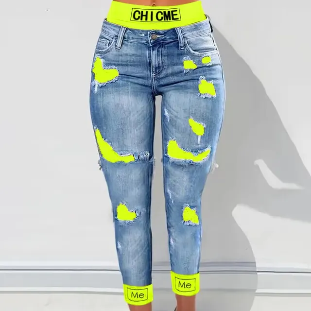 Fashion Colorblock Rolled Hem Distressed Cropped Jeans Fluorescent Green - Shop at LoveMi