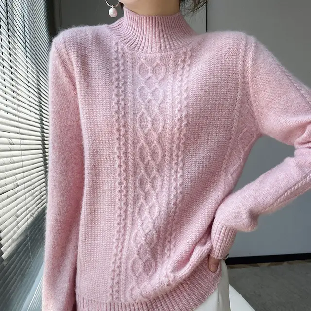 Thickened Half high Collar Cashmere Sweater Flower Pink - Shop at LoveMi