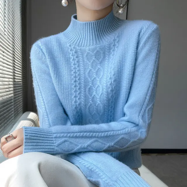Thickened Half high Collar Cashmere Sweater Light Blue - Shop at LoveMi