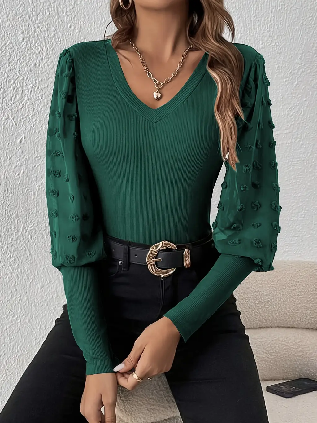 Elegant Rib V-neck Sleeve Chiffon Stitching Long Sleeve T-shirt Slimming Top - Dark Green