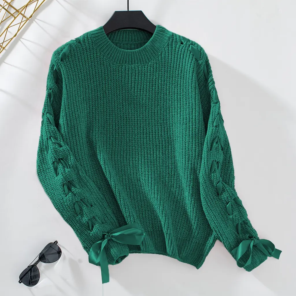 Women's Lace-up Bow Pullover Top - Green