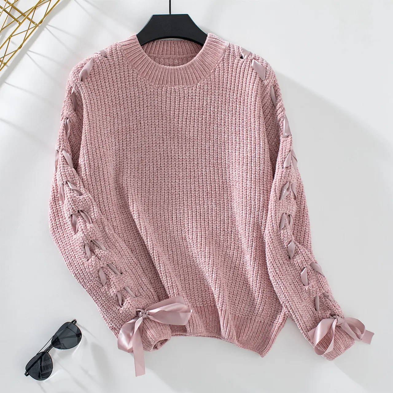 Women's Lace-up Bow Pullover Top - Pink