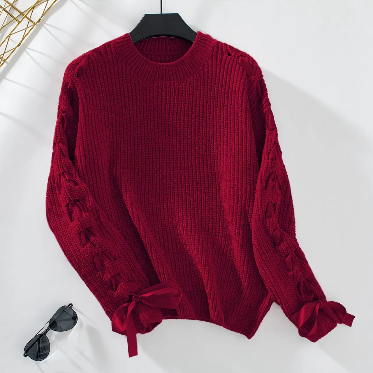 Women's Lace-up Bow Pullover Top - Wine Red