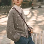 Retro Gray Sequins Sweater Cardigan Coat - Gray