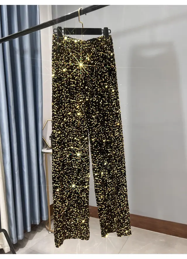 Women's Sequin Wide leg Pants Lengthened Draping Mop Gold - Shop at LoveMi