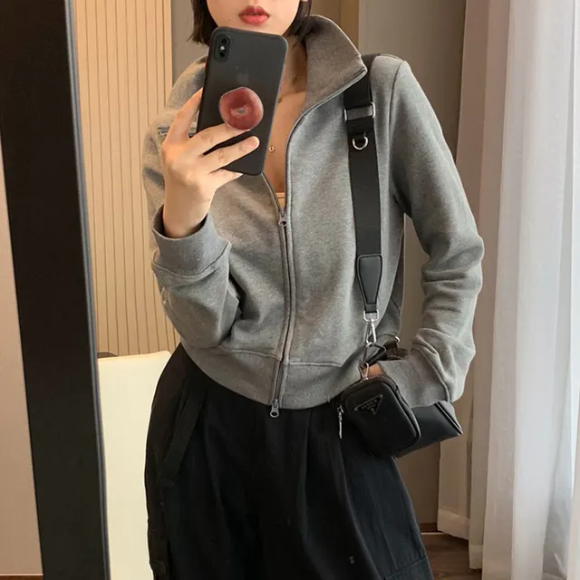 American Retro Gray Short Hoodie Stand Up Collar Jacket For Women Grey Velvet - Shop at LoveMi