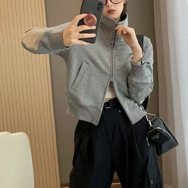 American Retro Gray Short Hoodie Stand Up Collar Jacket For Women Grey - Shop at LoveMi