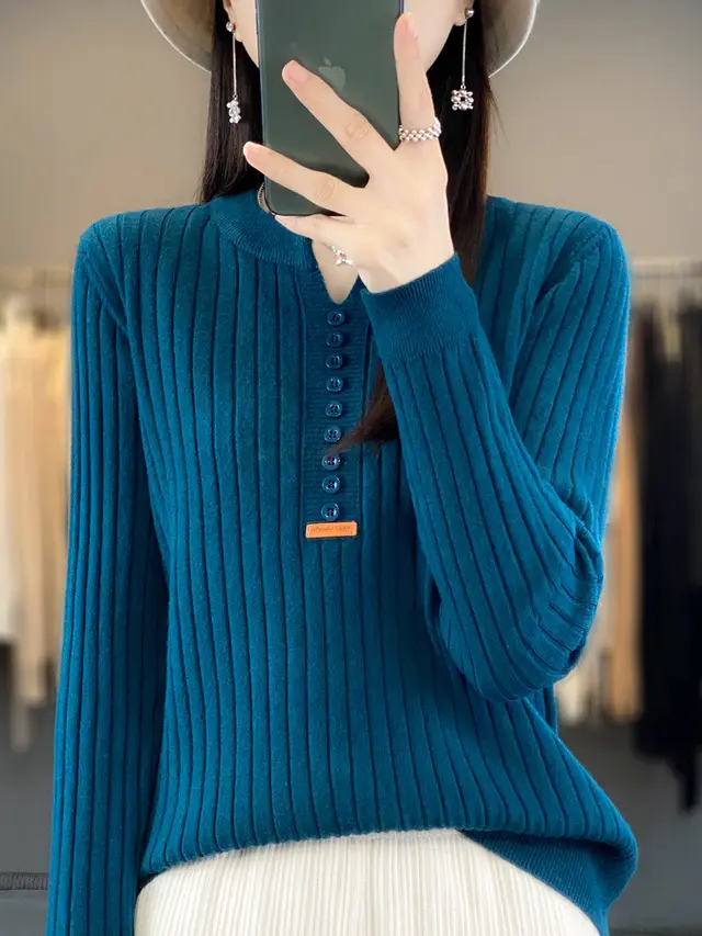Long Sleeve Round V neck Sweater Solid Color Seaweed Blue - Shop at LoveMi
