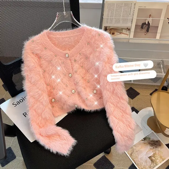 French Socialite Beaded Round Neck Sweater Coat For Women Pink - Shop at LoveMi