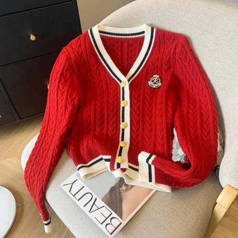 V collar Contrast Color Knitted Cardigan Waist Slimming Cable knit Sweater Red - Shop at LoveMi