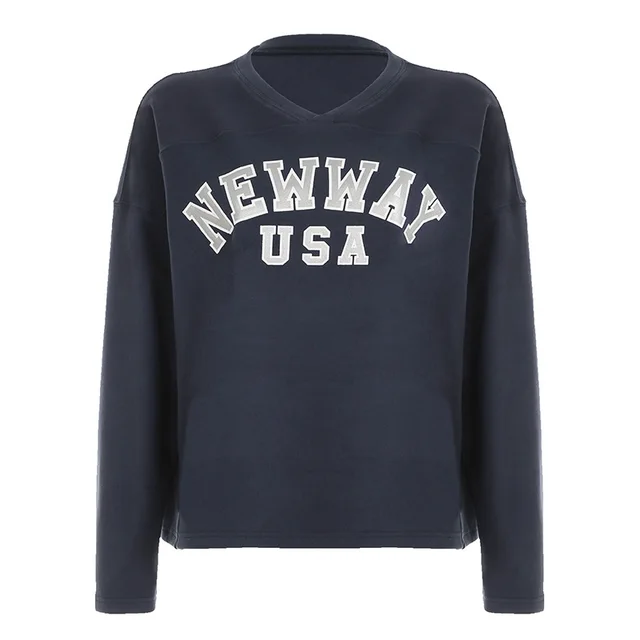 Autumn And Winter American Casual Style V neck Letter Print Dralon Sweater Dark Blue - Shop at LoveMi
