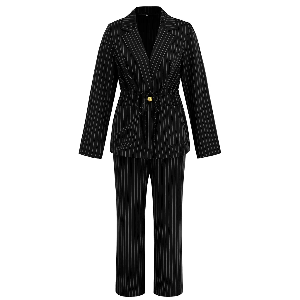 Fashion Striped Lapel Two-piece Suit Suit Drawstring Coat Trousers - Black