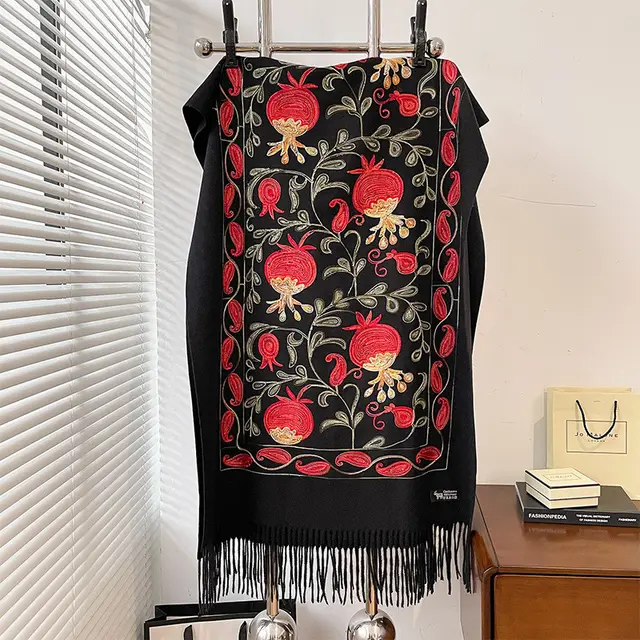 Contrast Color Pomegranate Leaf Embroidered Double sided Shawl Black - Shop at LoveMi