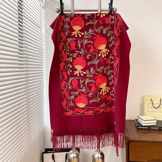 Contrast Color Pomegranate Leaf Embroidered Double sided Shawl Red - Shop at LoveMi