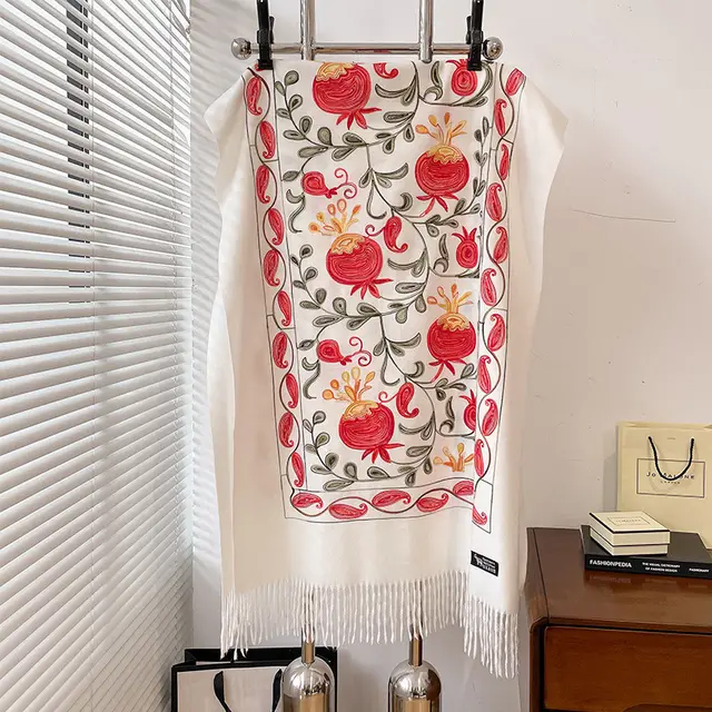 Contrast Color Pomegranate Leaf Embroidered Double sided Shawl White - Shop at LoveMi