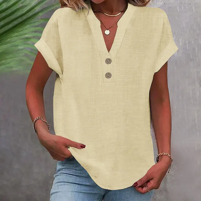 Stand Collar Button Short Sleeve Women's Shirt Apricot - Shop at LoveMi