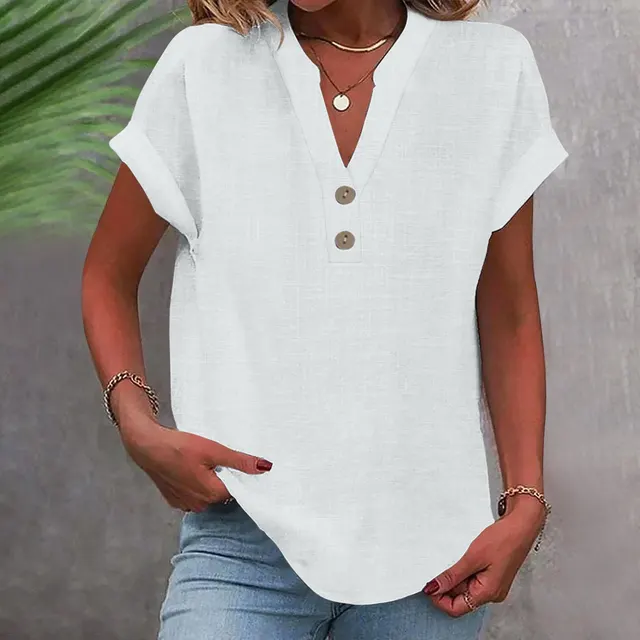 Stand Collar Button Short Sleeve Women's Shirt White - Shop at LoveMi