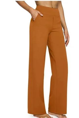 Pocket Knitted Straight High Waist Trousers - Chocolate Color