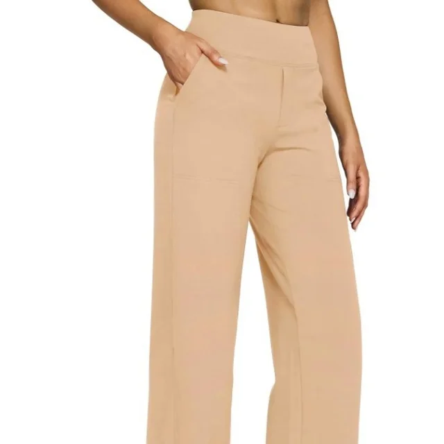 Pocket Knitted Straight High Waist Trousers Khaki - Shop at LoveMi