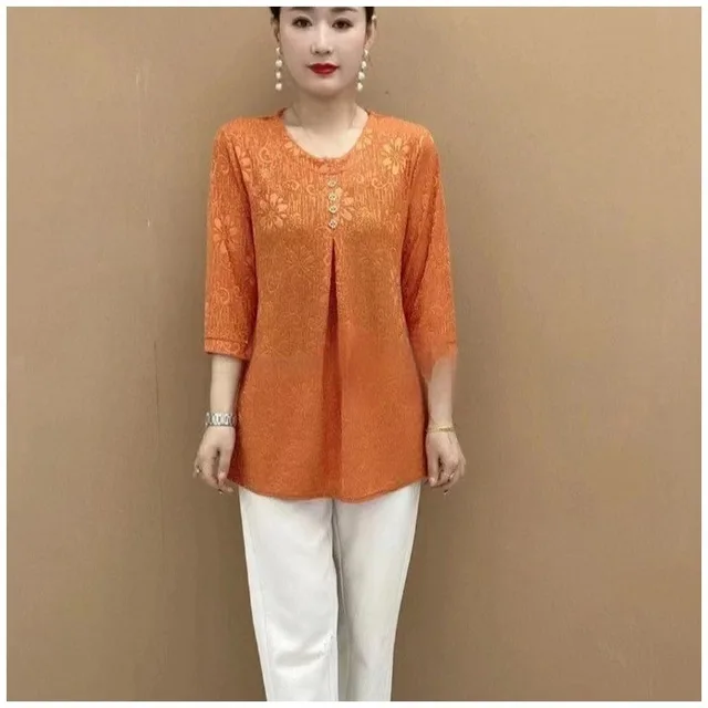 Three quarter Sleeve Round Neck Jacquard Loose Oversized Shirt Orange - Shop at LoveMi