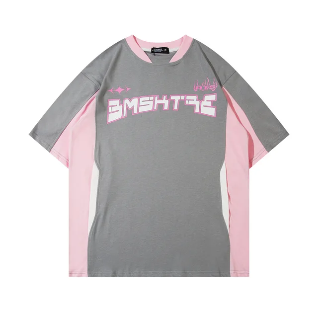 Retro Contrast Color Short sleeved T shirt For Women Gray - Shop at LoveMi