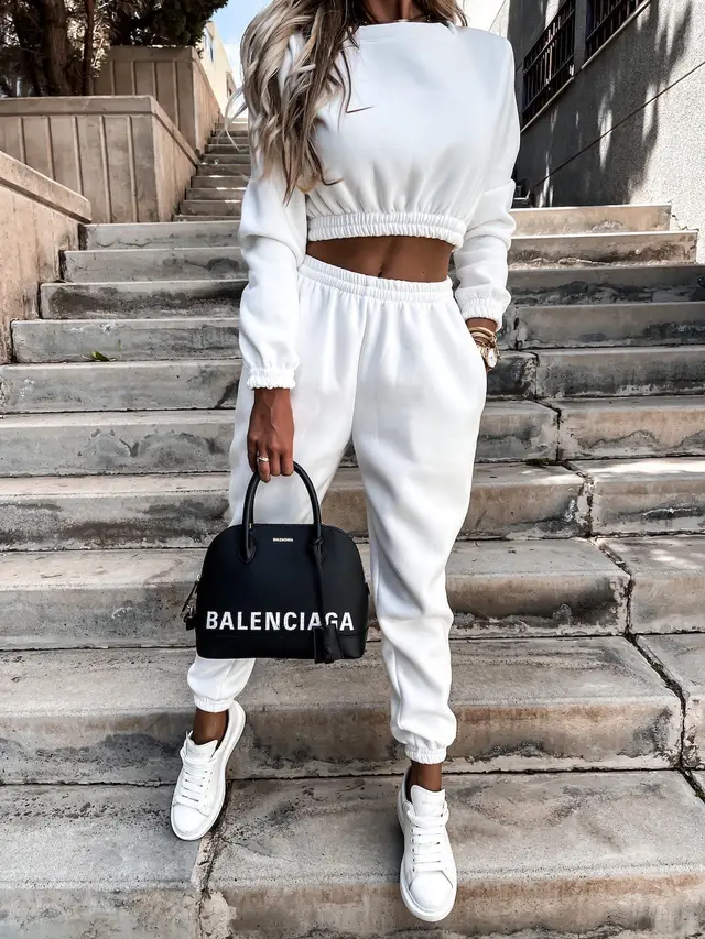Long Sleeve Round Neck Midriff Outfit Top Sports Pocket Trousers White - Shop at LoveMi