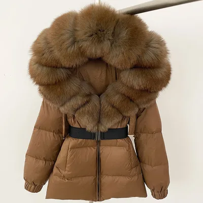 Oversized Real Fox Fur Collar Hooded White Duck Down Jacket Brown - Shop at LoveMi
