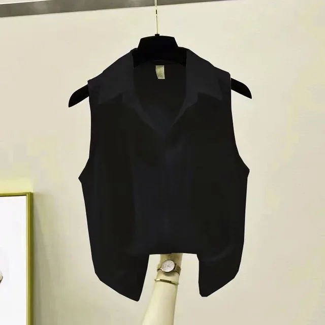Summer Solid Color Sleeveless Crepe Chiffon Shirt For Women Black - Shop at LoveMi