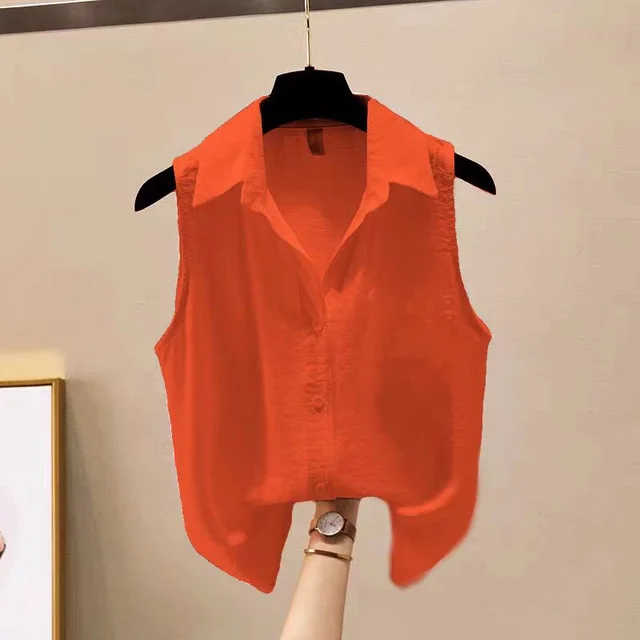 Summer Solid Color Sleeveless Crepe Chiffon Shirt For Women Orange Red - Shop at LoveMi