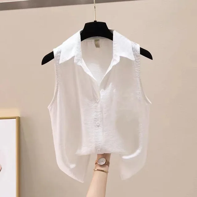 Summer Solid Color Sleeveless Crepe Chiffon Shirt For Women White - Shop at LoveMi