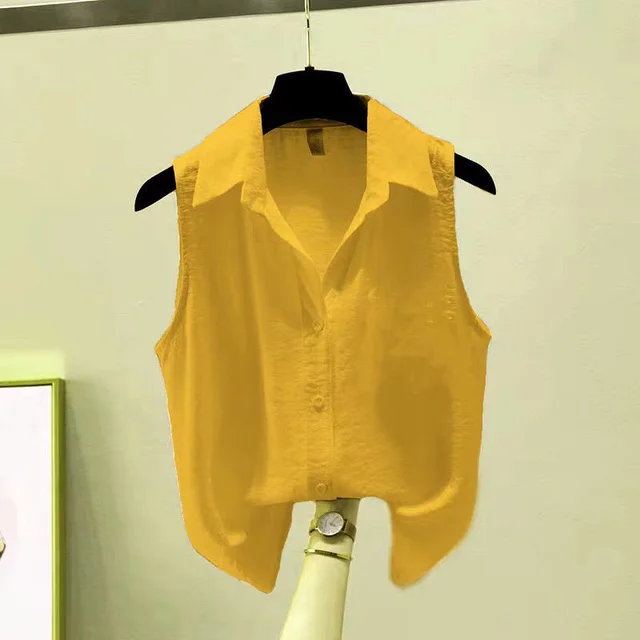 Summer Solid Color Sleeveless Crepe Chiffon Shirt For Women Yellow - Shop at LoveMi