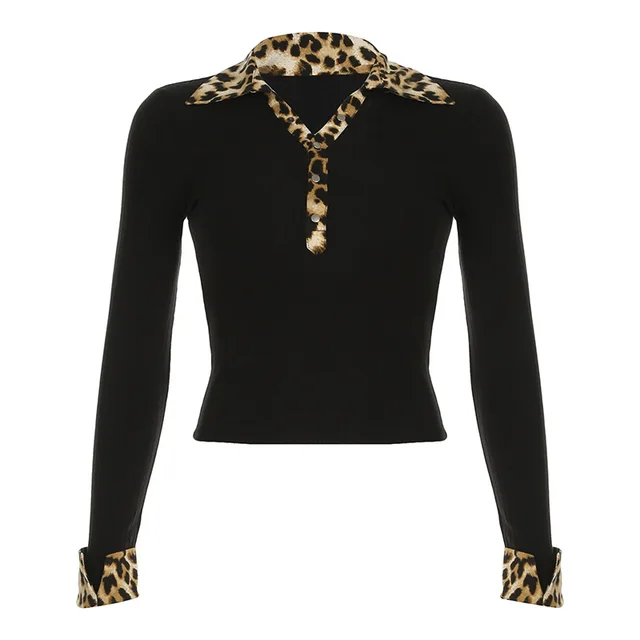 European And American Leopard Print Slim fit Knitted Top Black - Shop at LoveMi