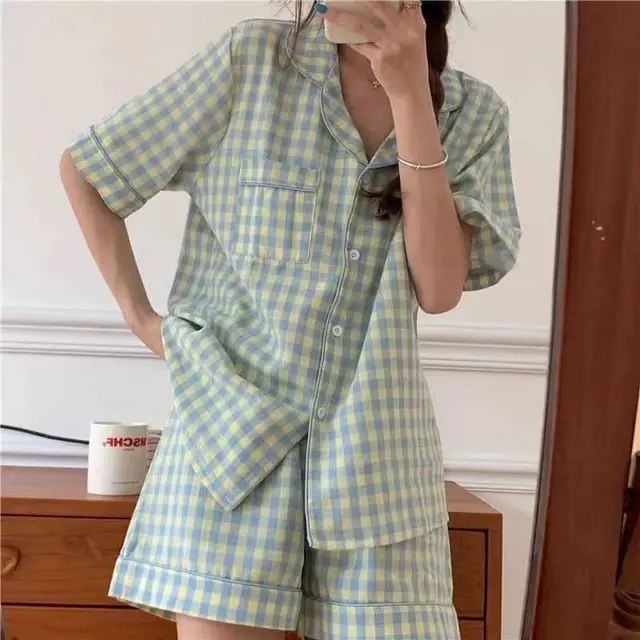 Suit Cartoon Cute Outerwear Homewear Summer Open Short Plaid Green - Shop at LoveMi