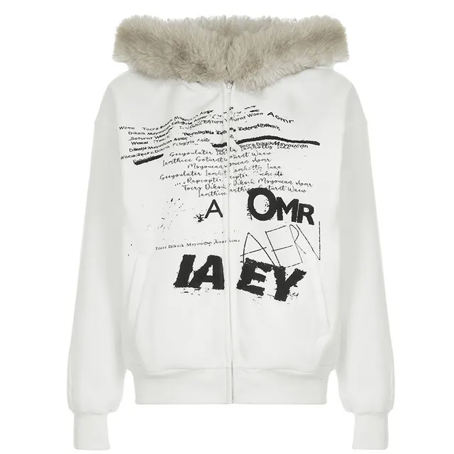 Letter Fur Collar Long Sleeve Hooded Sweater White - Shop at LoveMi