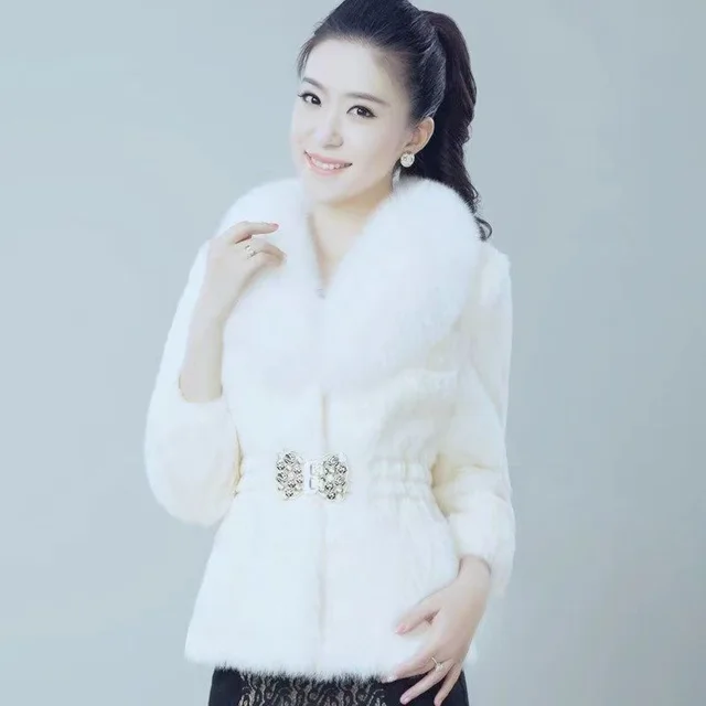 Autumn And Winter Fur Coat Artificial Coat With Fox Fur Collar White - Shop at LoveMi