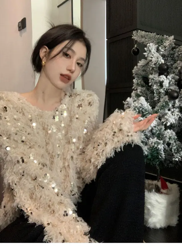Sequin Design Sense Elegant Knitwear Women Beige Sequins - Shop at LoveMi