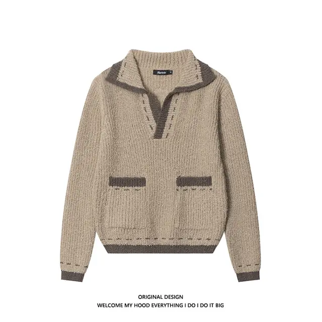 V neck Sweater Sweater New Contrast Color Brown - Shop at LoveMi