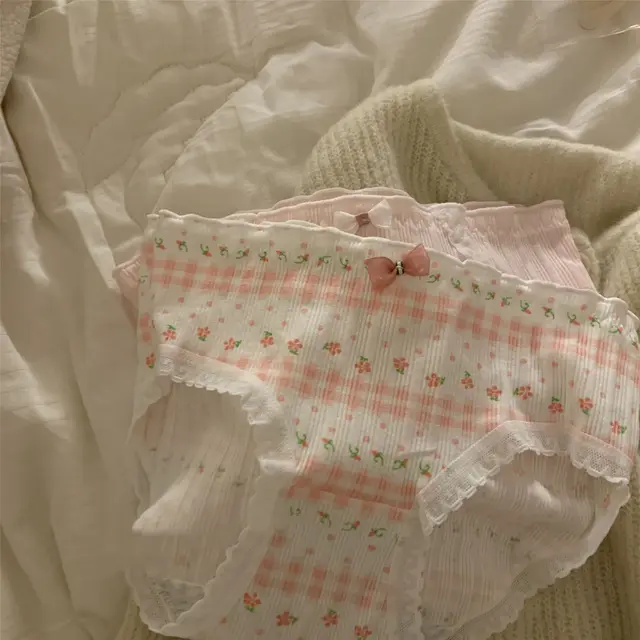 Girlish Style Small Floral Pure Cotton Underwear Girl Sweet Pink Plaid - Shop at LoveMi