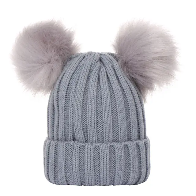 Autumn And Winter Baby Knitted Wool Double Fur Ball Sleeve Cap Gray - Shop at LoveMi