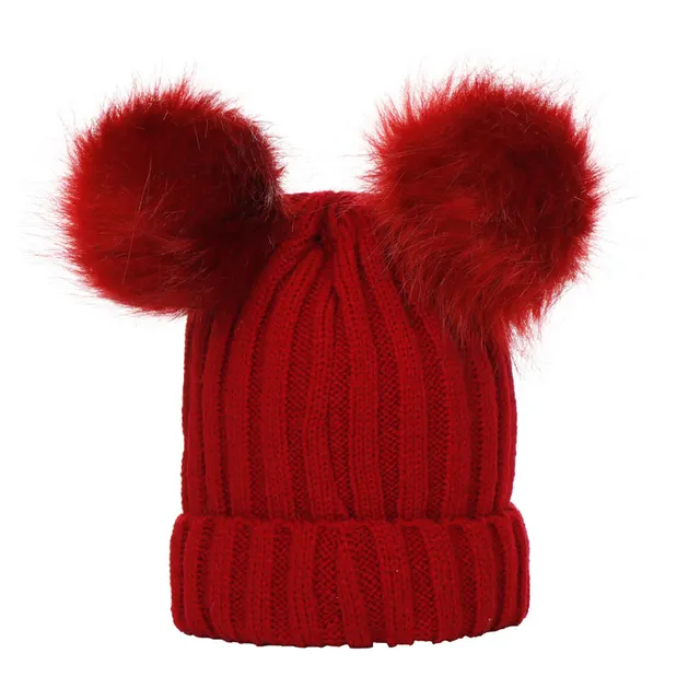 Autumn And Winter Baby Knitted Wool Double Fur Ball Sleeve Cap Wine Red - Shop at LoveMi