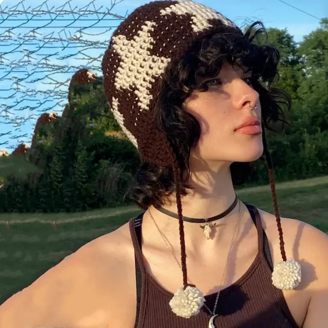 Star Hat Hand woven Earmuffs Hat Fur Ball Pendant Beige Dark Coffee Hat - Shop at LoveMi