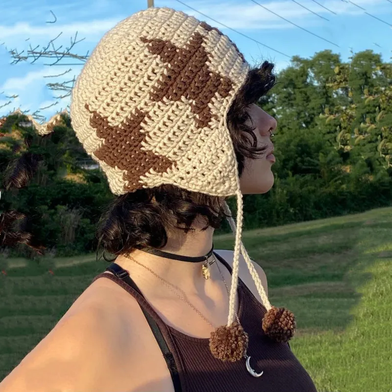 Star Hat Hand-woven Earmuffs Hat Fur Ball Pendant - Light Coffee Beige Hat - View 1