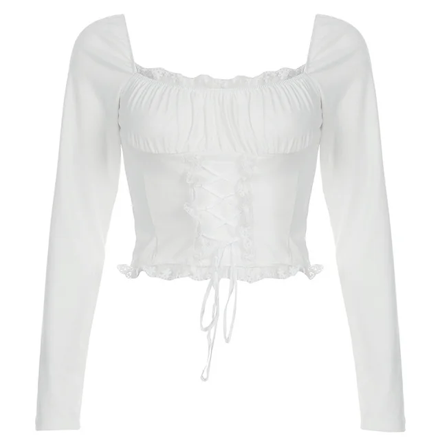 French Style Square Collar Lace Lace Band Long Sleeve Top White - Shop at LoveMi