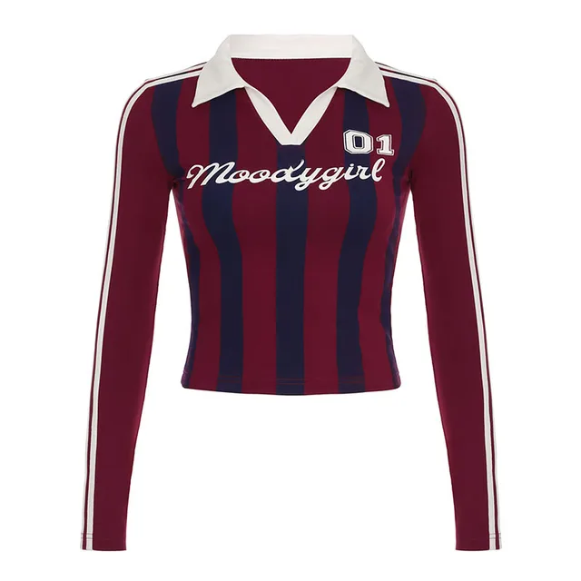 Sports Style Striped Letters Printed T shirt Top Wine Red - Shop at LoveMi