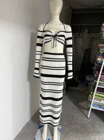 Contrast Color Striped Lace-up Short Midriff-baring Top Suit - Stripes