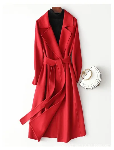 Mid length Below The Knee Slim Fit Lace up Woolen Coat High end Woolen Coat Red - Shop at LoveMi
