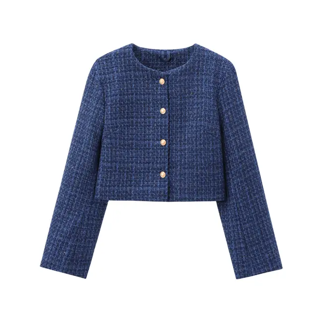 Round Neck Single breasted Velvet Short Coat Blue - Shop at LoveMi