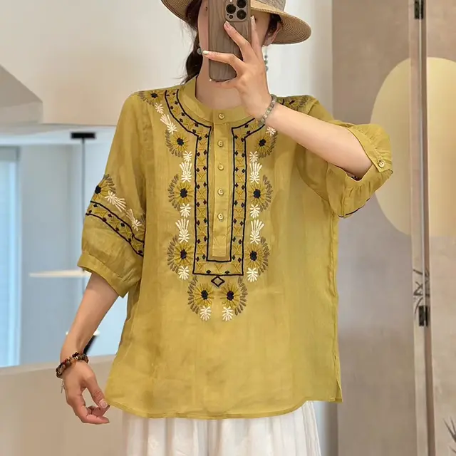 Loose Slimming T shirt Splicing Symmetrical Embroidery Ramie Top Yellow - Shop at LoveMi