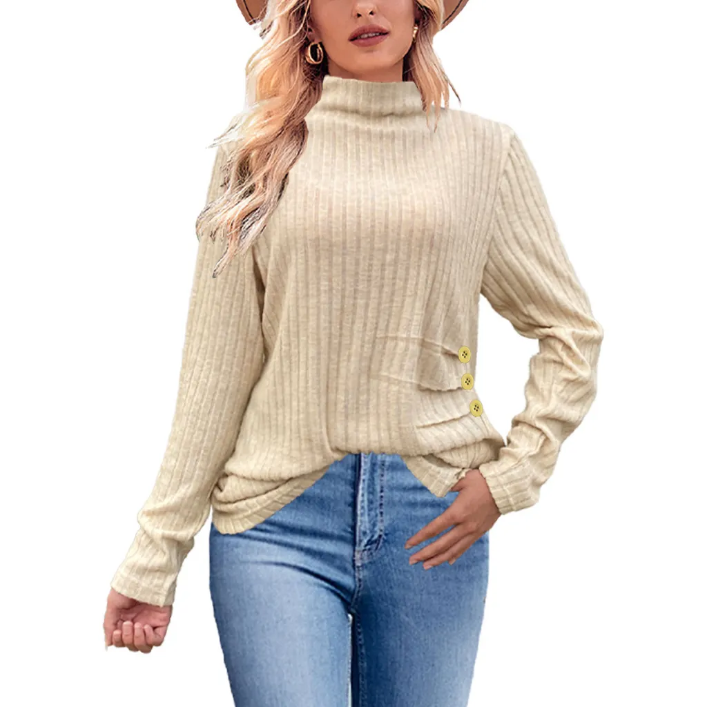 European And American Brushed Sunken Stripe Knitted Turtleneck Side Button Women's Top - Apricot